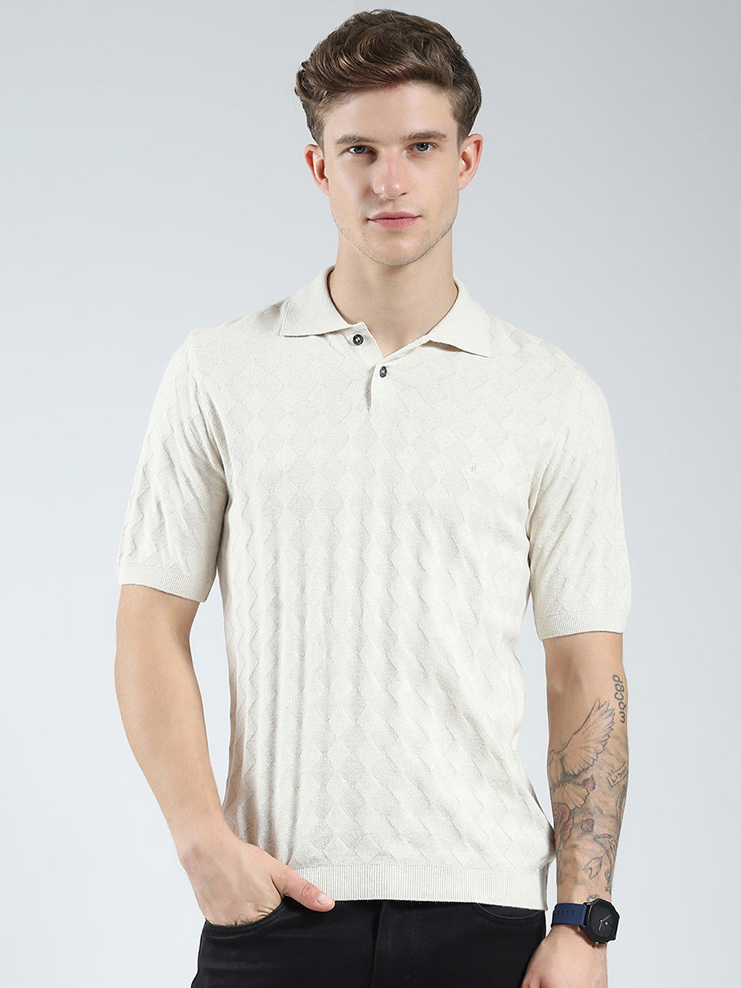 Luxuria Men Beige Self Design Collar Half Sleeve T-Shirt