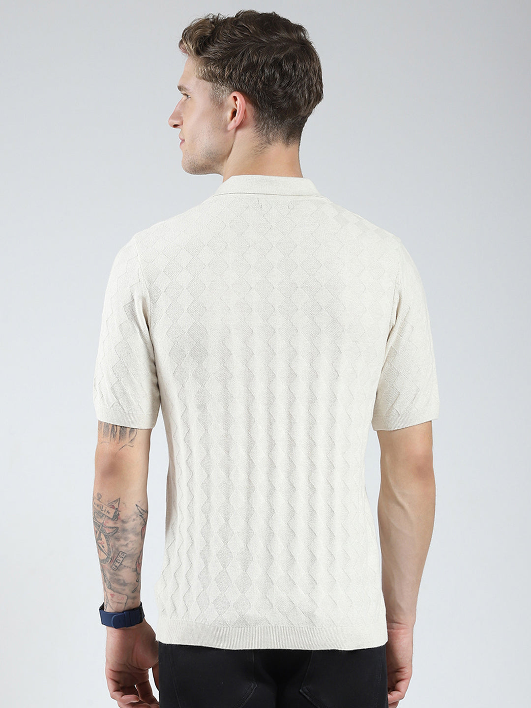 Luxuria Men Beige Self Design Collar Half Sleeve T-Shirt