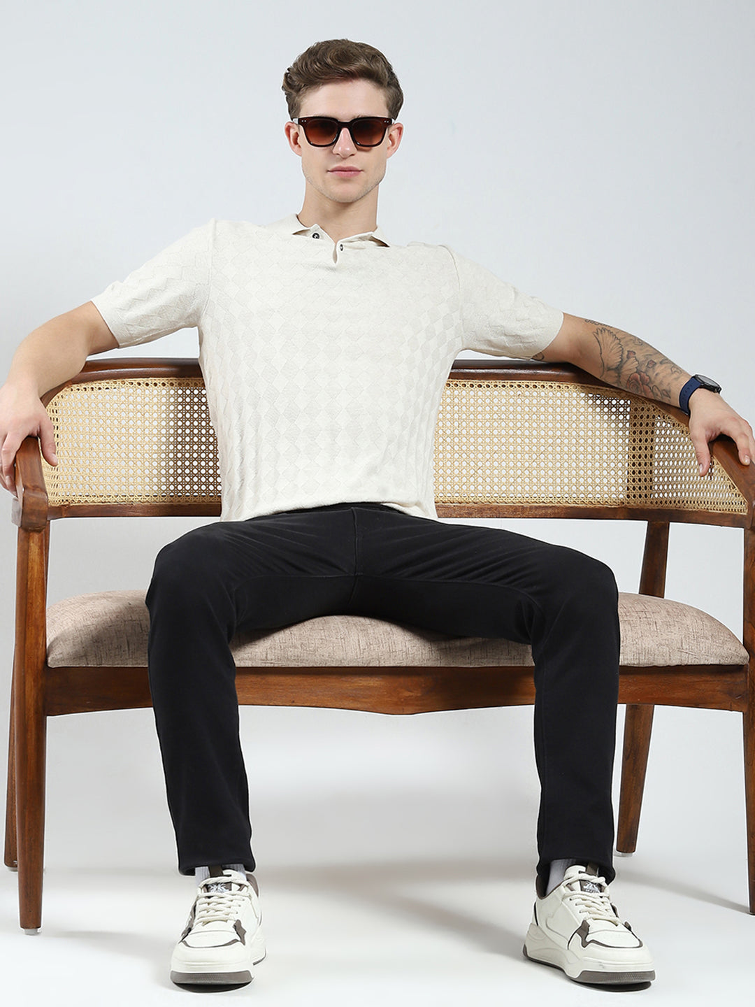 Luxuria Men Beige Self Design Collar Half Sleeve T-Shirt