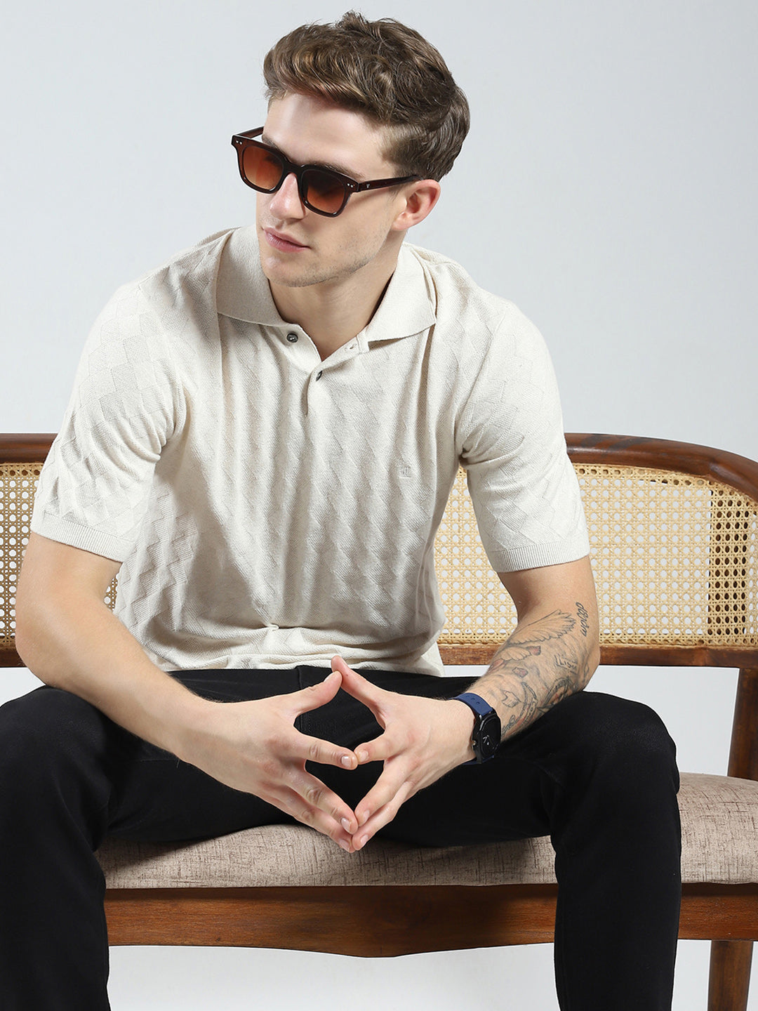 Luxuria Men Beige Self Design Collar Half Sleeve T-Shirt