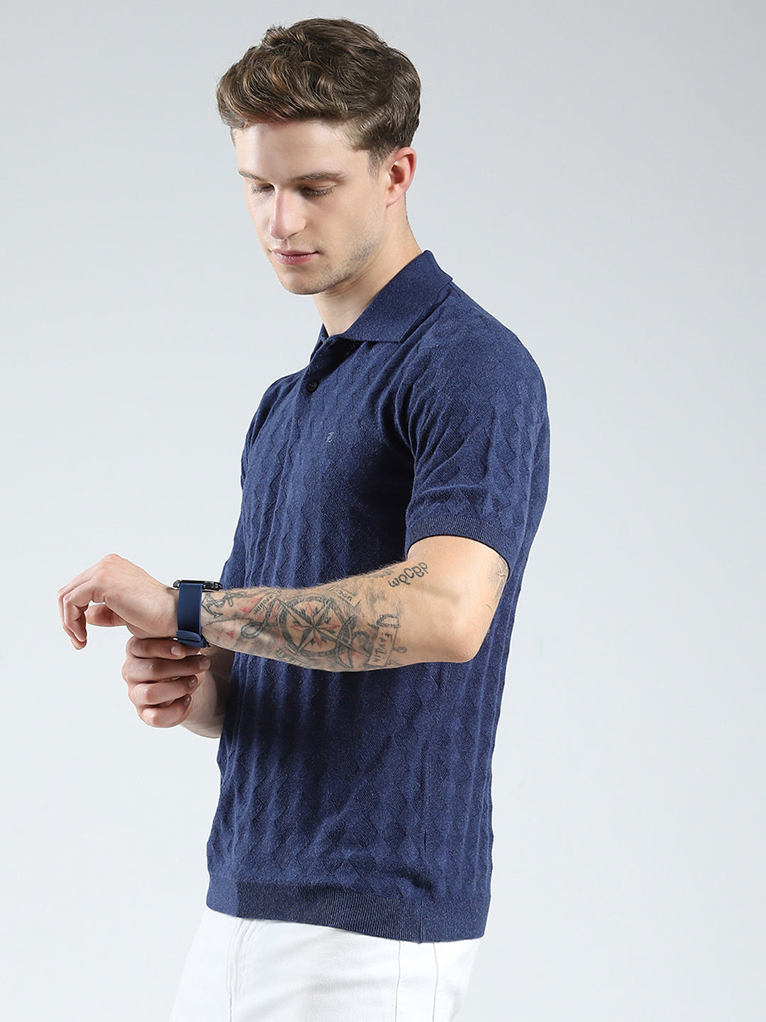 Luxuria Men Navy Blue Self Design Collar Half Sleeve T-Shirt