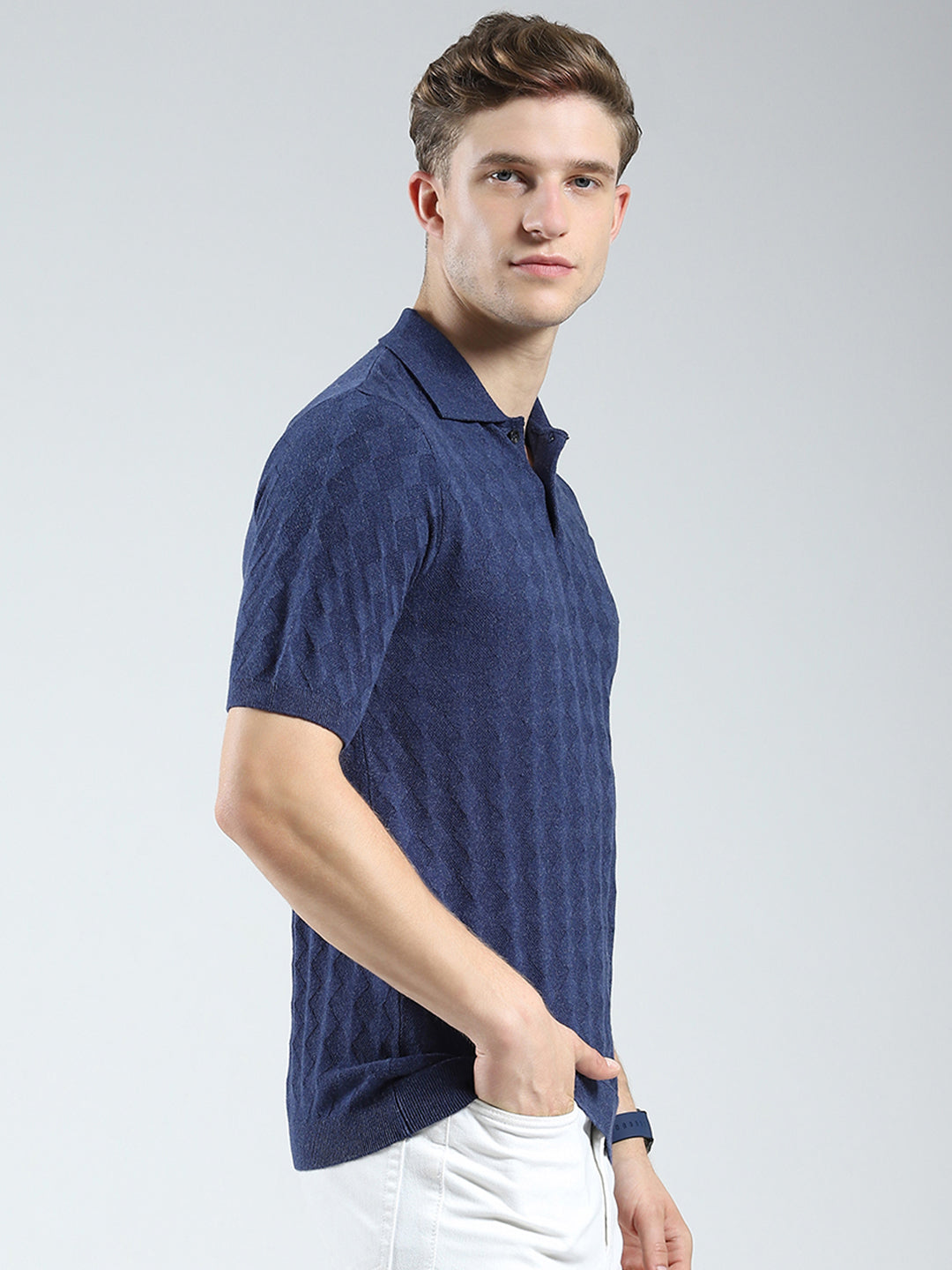 Luxuria Men Navy Blue Self Design Collar Half Sleeve T-Shirt