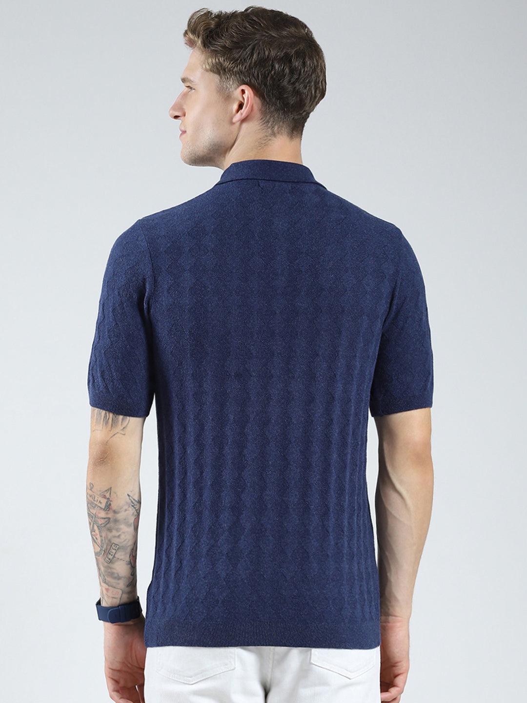 Luxuria Men Navy Blue Self Design Collar Half Sleeve T-Shirt