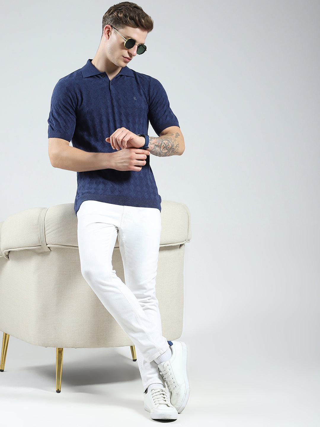 Luxuria Men Navy Blue Self Design Collar Half Sleeve T-Shirt