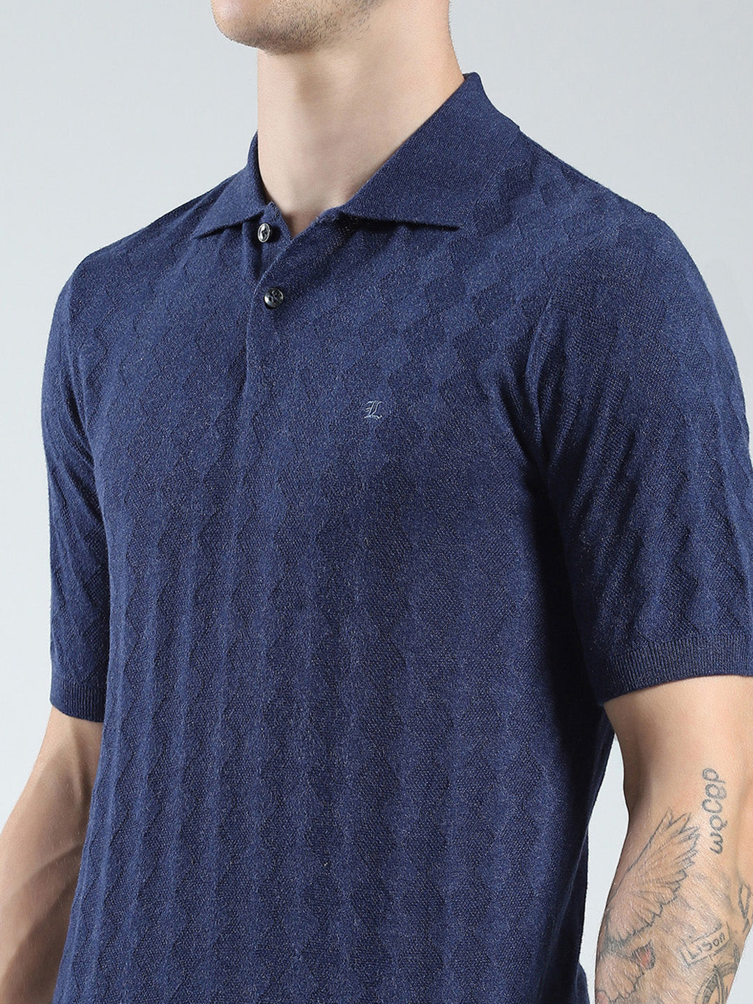 Luxuria Men Navy Blue Self Design Collar Half Sleeve T-Shirt