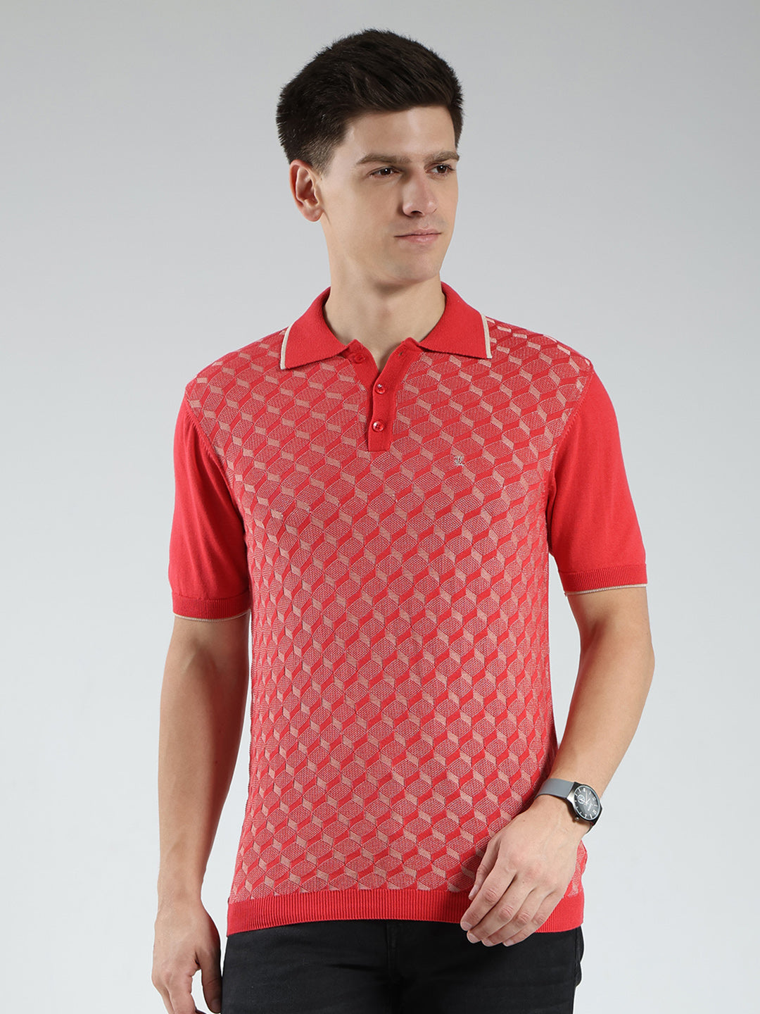 Luxuria Men Red Printed Collar Half Sleeve T-Shirt