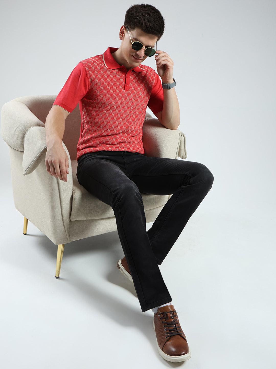 Luxuria Men Red Printed Collar Half Sleeve T-Shirt
