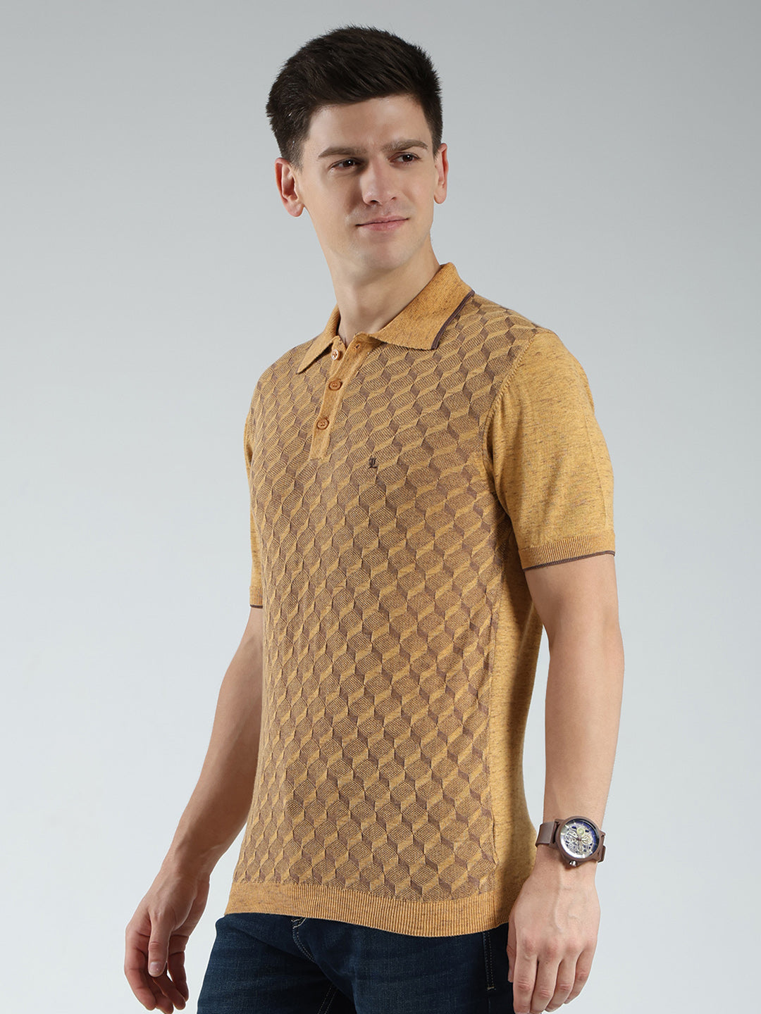 Luxuria Men Mustard Printed Collar Half Sleeve T-Shirt