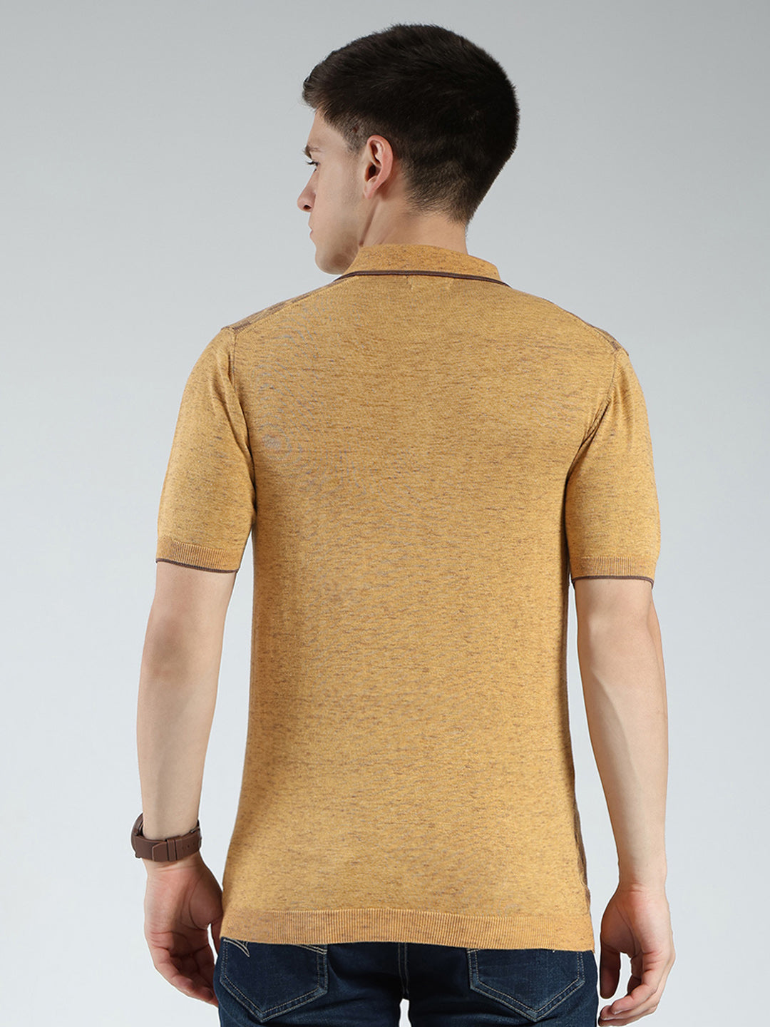 Luxuria Men Mustard Printed Collar Half Sleeve T-Shirt