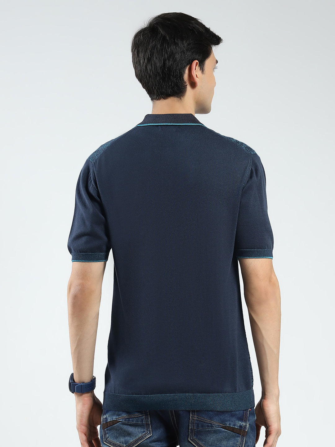 Men Navy Blue Self Design Collar Half Sleeve T-Shirt