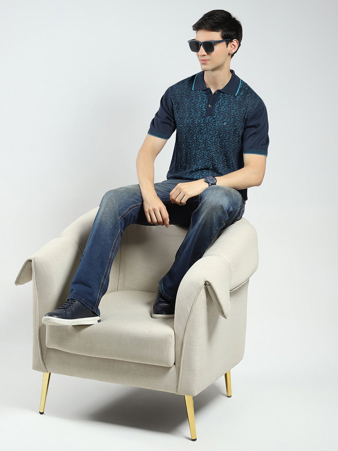 Men Navy Blue Self Design Collar Half Sleeve T-Shirt