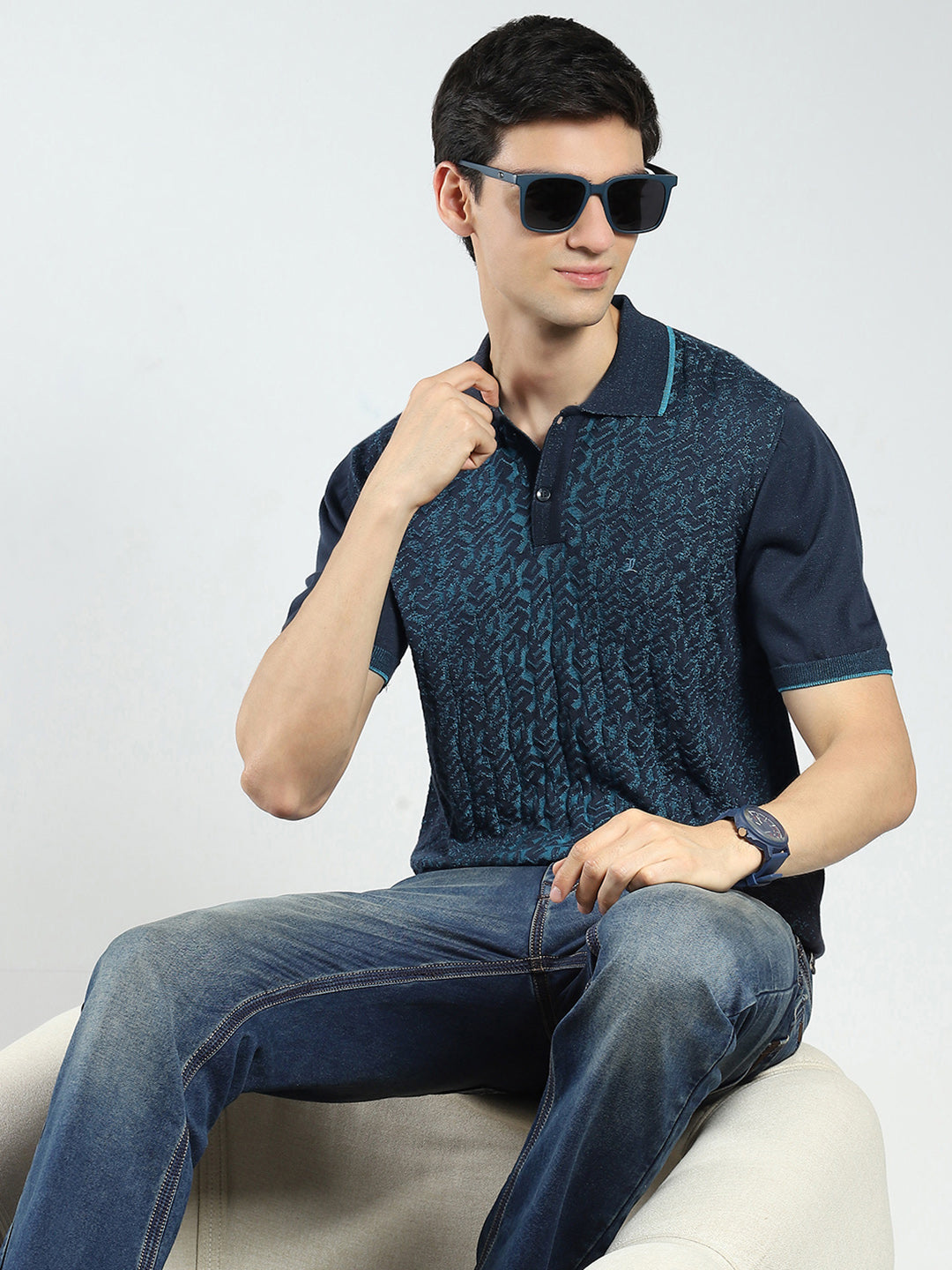 Men Navy Blue Self Design Collar Half Sleeve T-Shirt