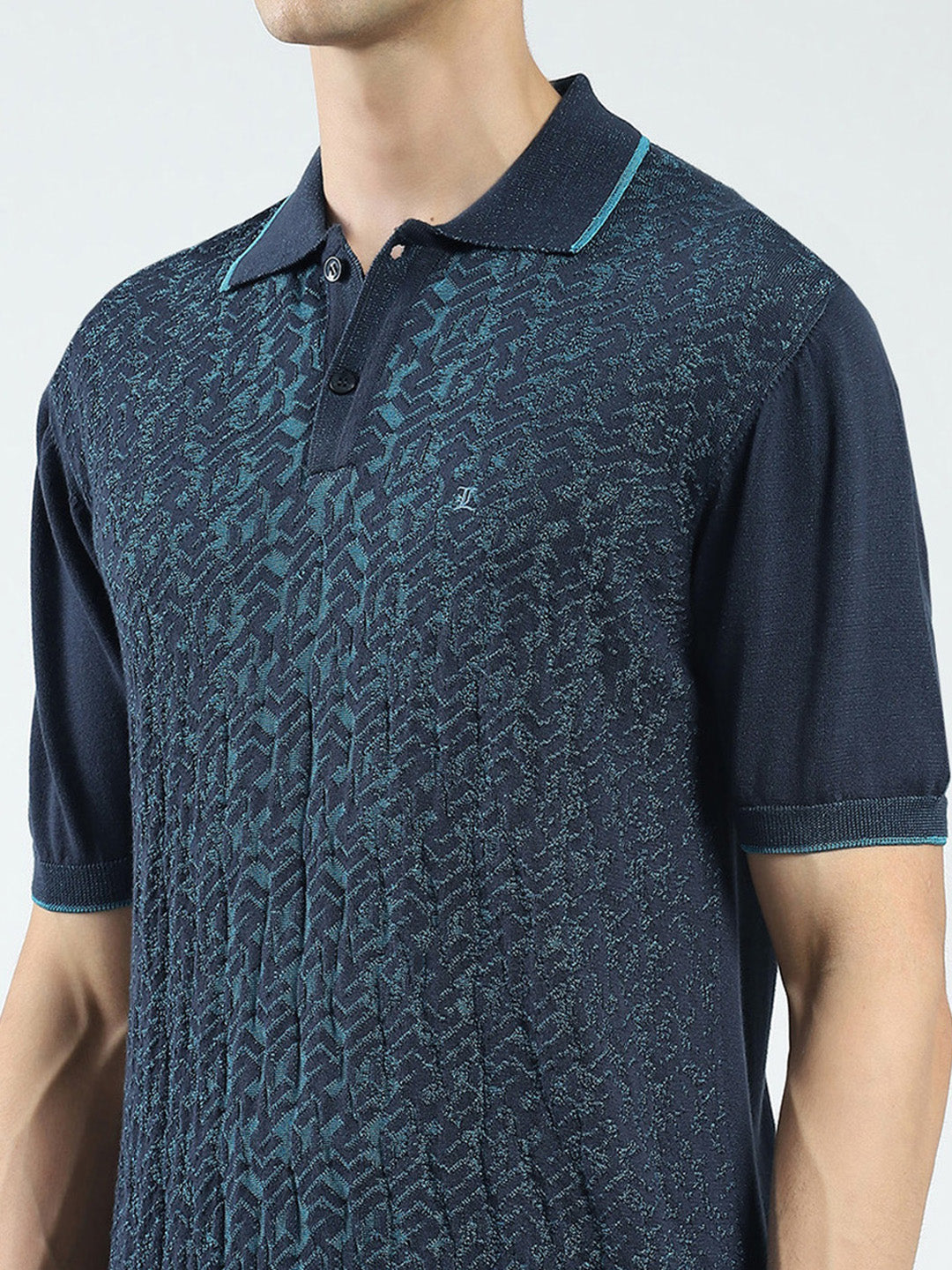 Men Navy Blue Self Design Collar Half Sleeve T-Shirt