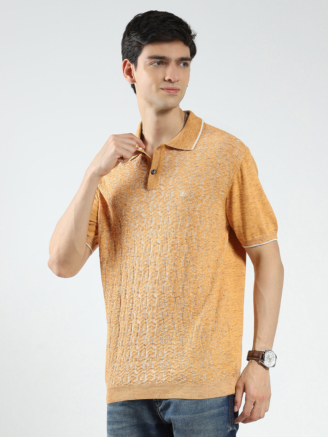 Men Mustard Self Design Collar Half Sleeve T-Shirt