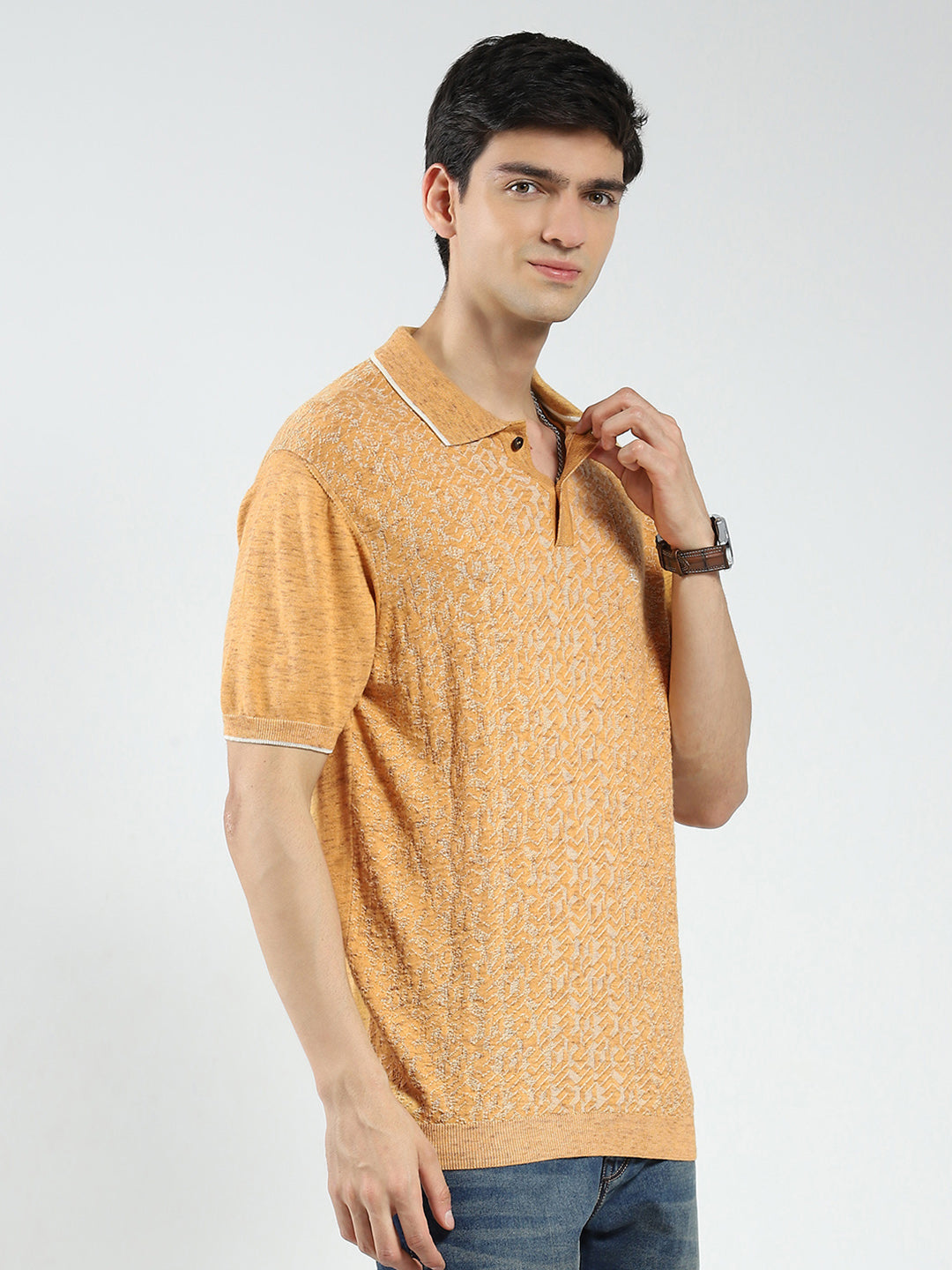 Men Mustard Self Design Collar Half Sleeve T-Shirt