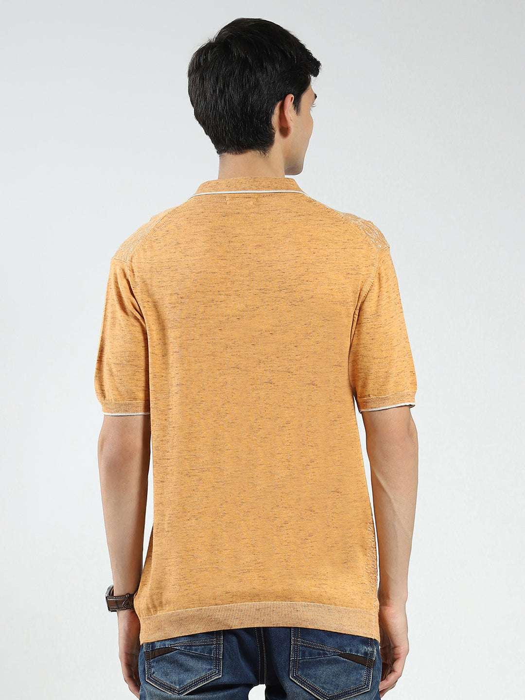 Men Mustard Self Design Collar Half Sleeve T-Shirt