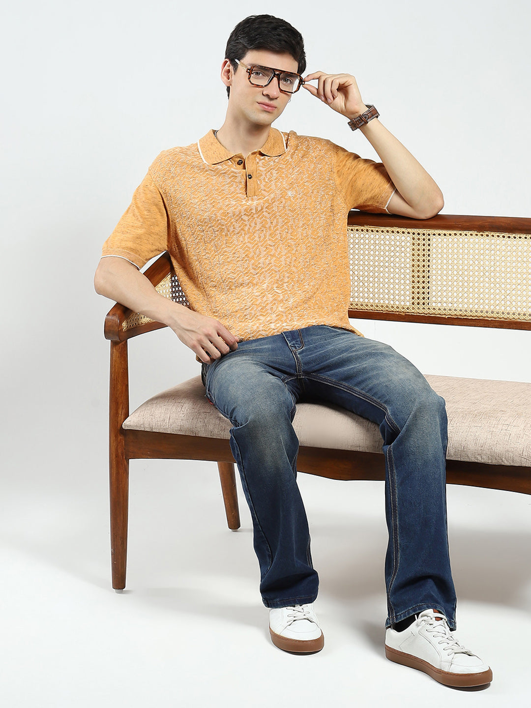 Men Mustard Self Design Collar Half Sleeve T-Shirt