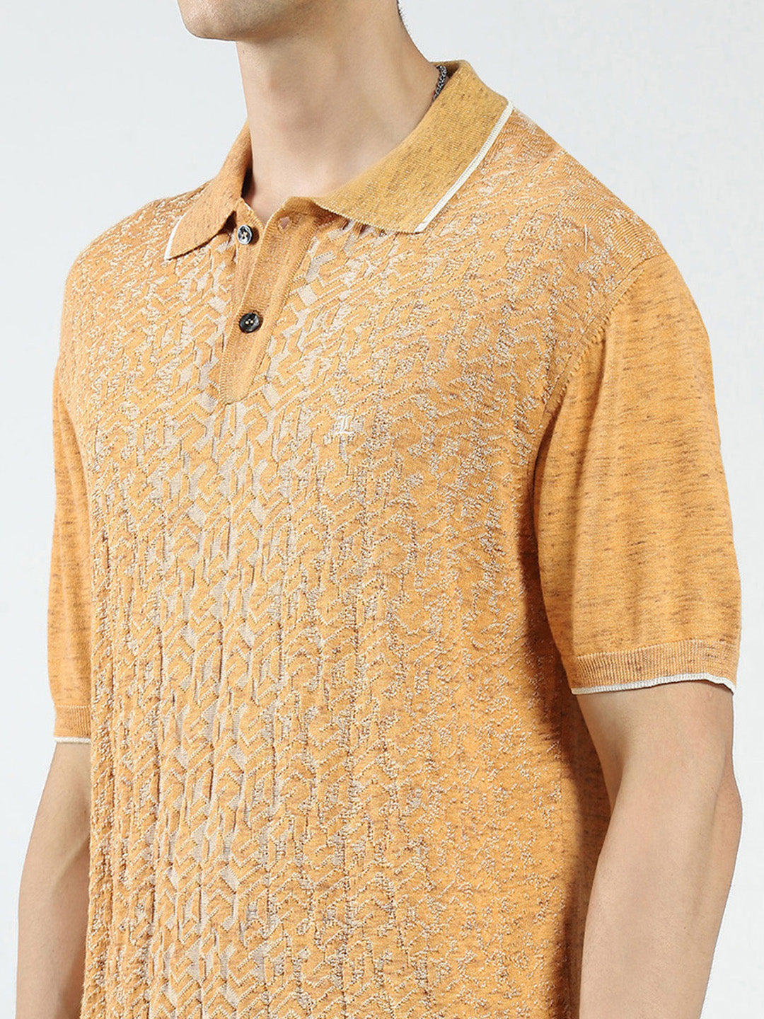 Men Mustard Self Design Collar Half Sleeve T-Shirt