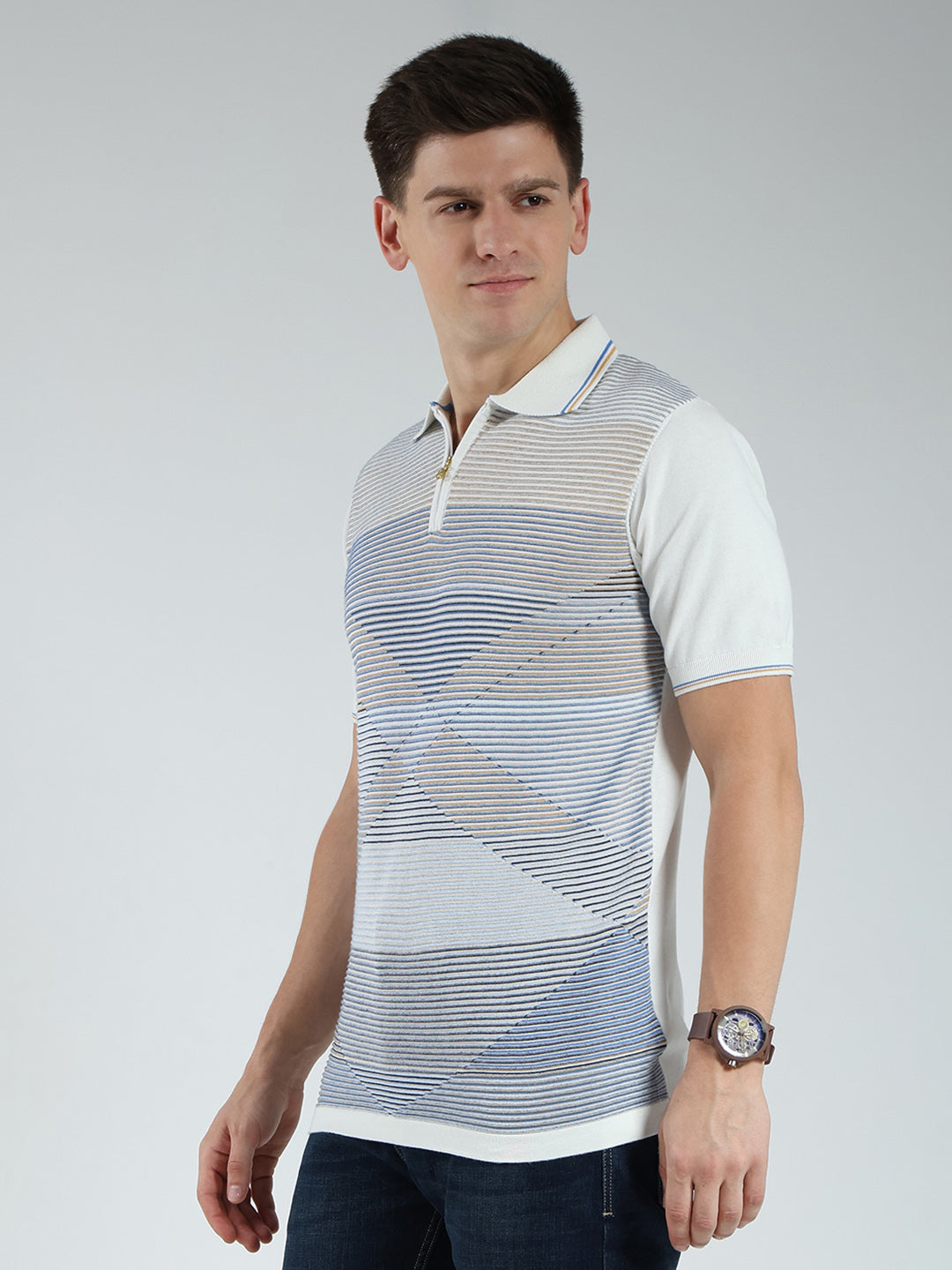 Luxuria Men White Stripe Collar Half Sleeve T-Shirt