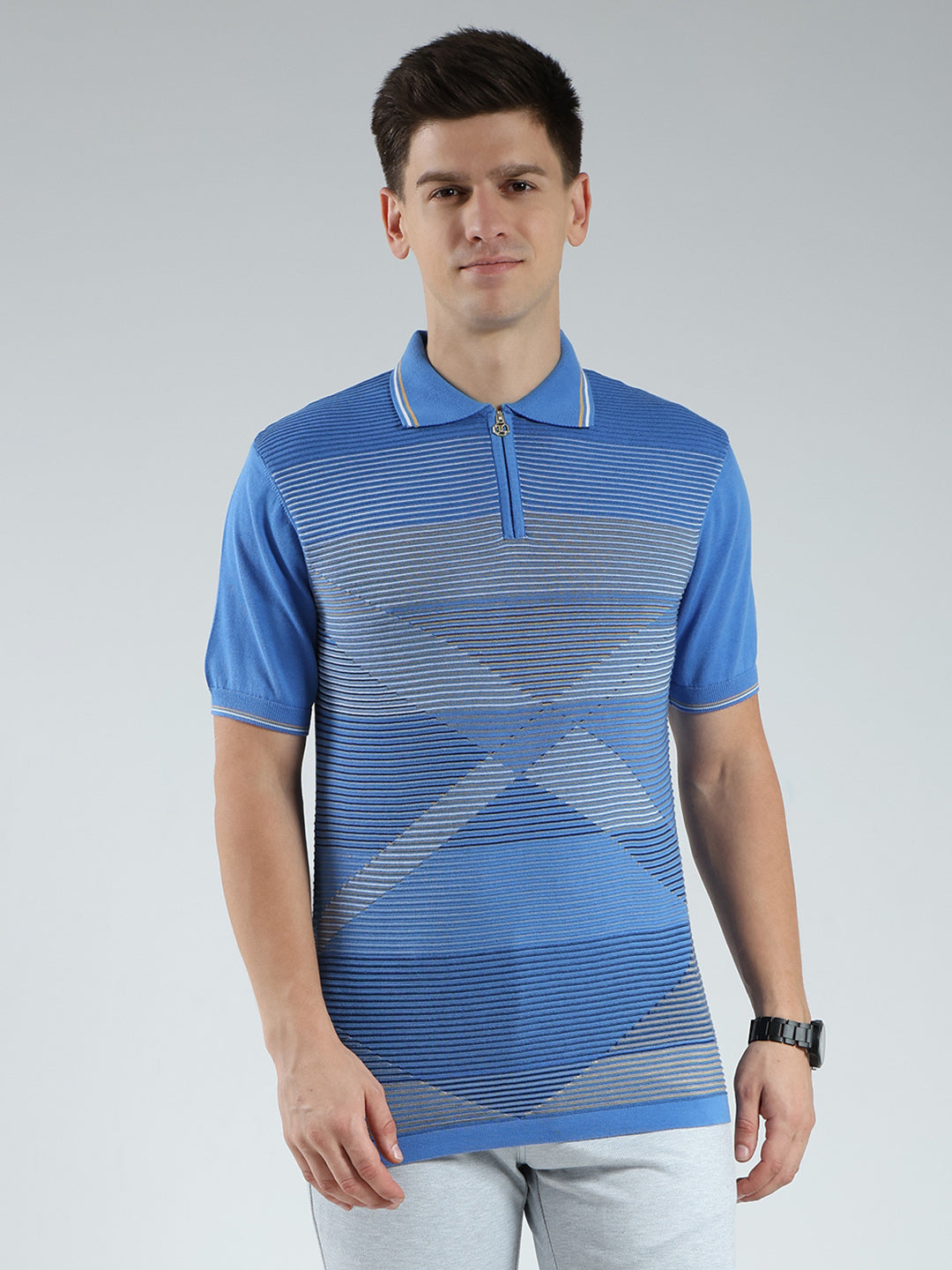 Luxuria Men Blue Stripe Collar Half Sleeve T-Shirt