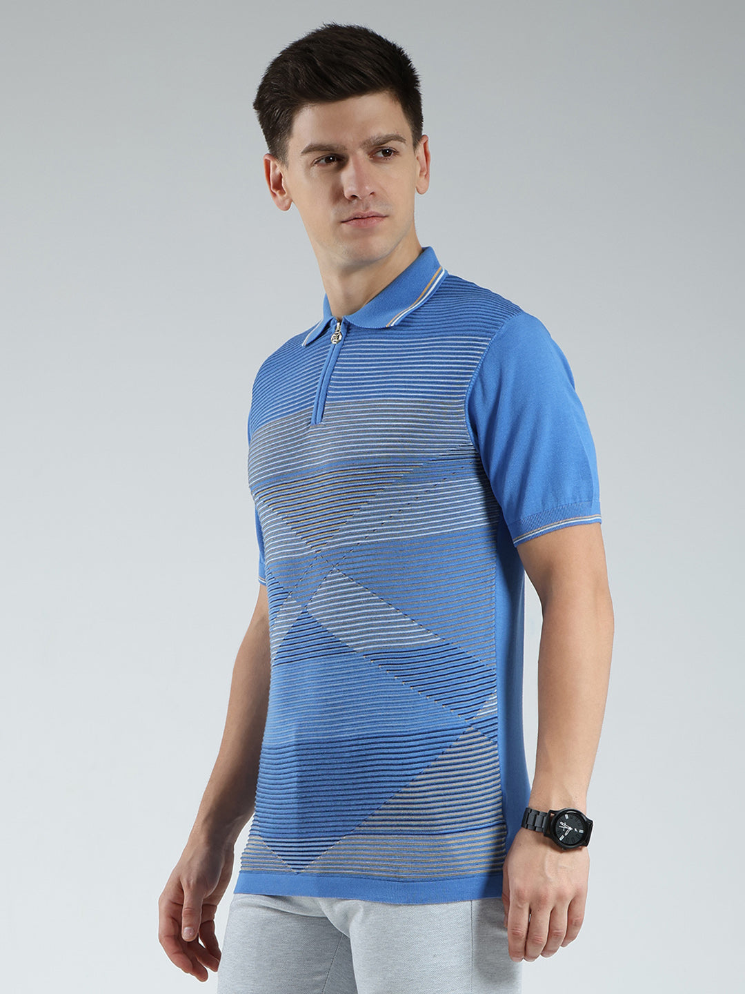 Luxuria Men Blue Stripe Collar Half Sleeve T-Shirt