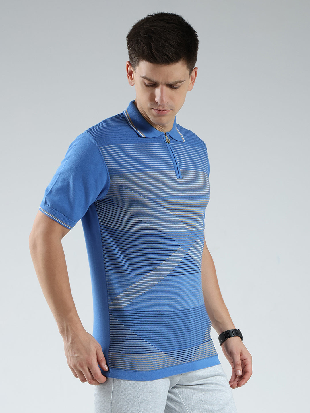 Luxuria Men Blue Stripe Collar Half Sleeve T-Shirt