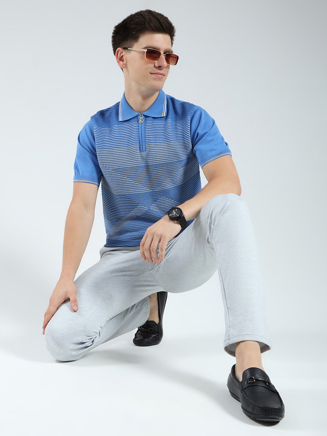 Luxuria Men Blue Stripe Collar Half Sleeve T-Shirt