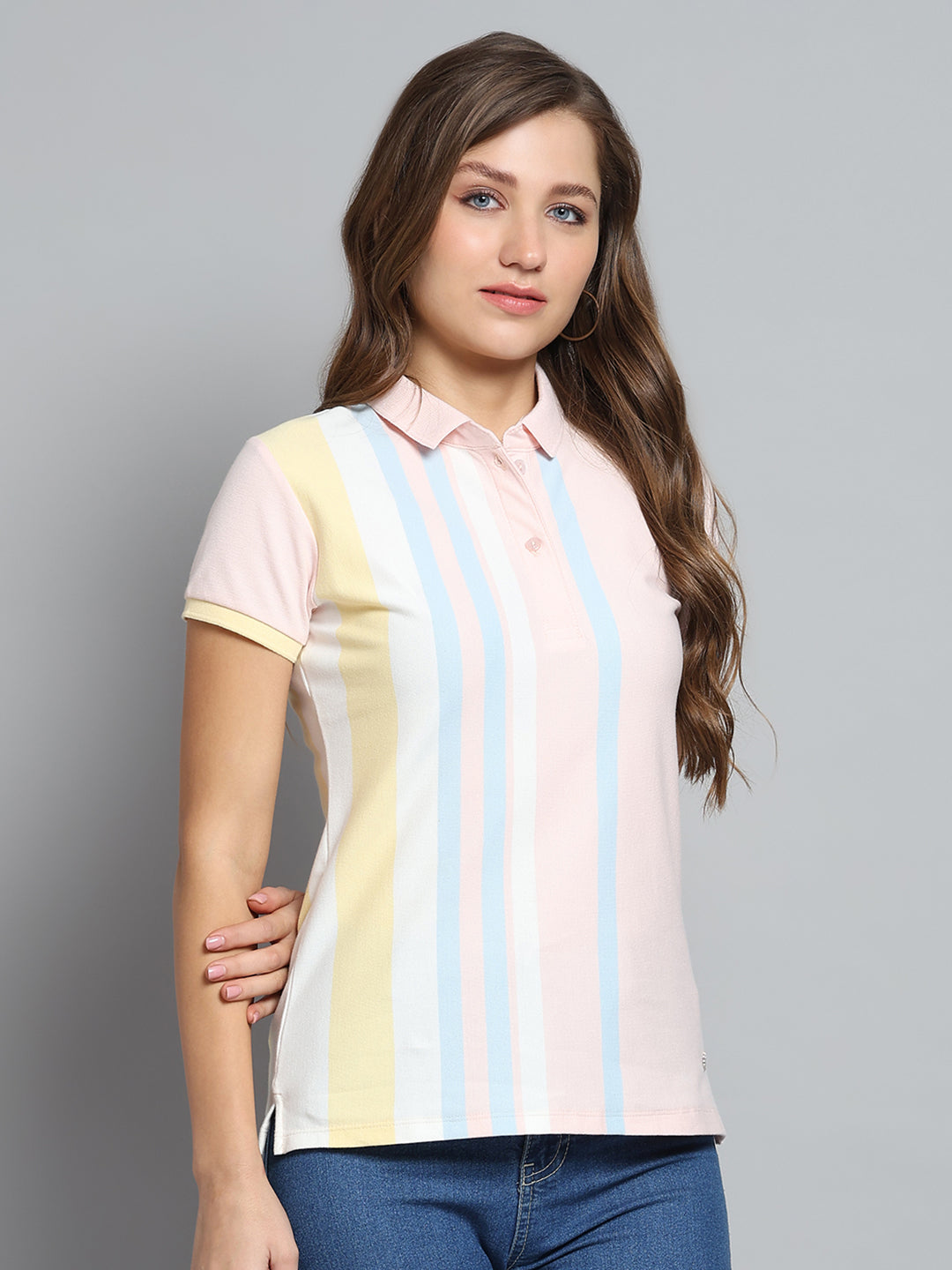 Women Peach Stripe Collar Half Sleeve T-Shirt