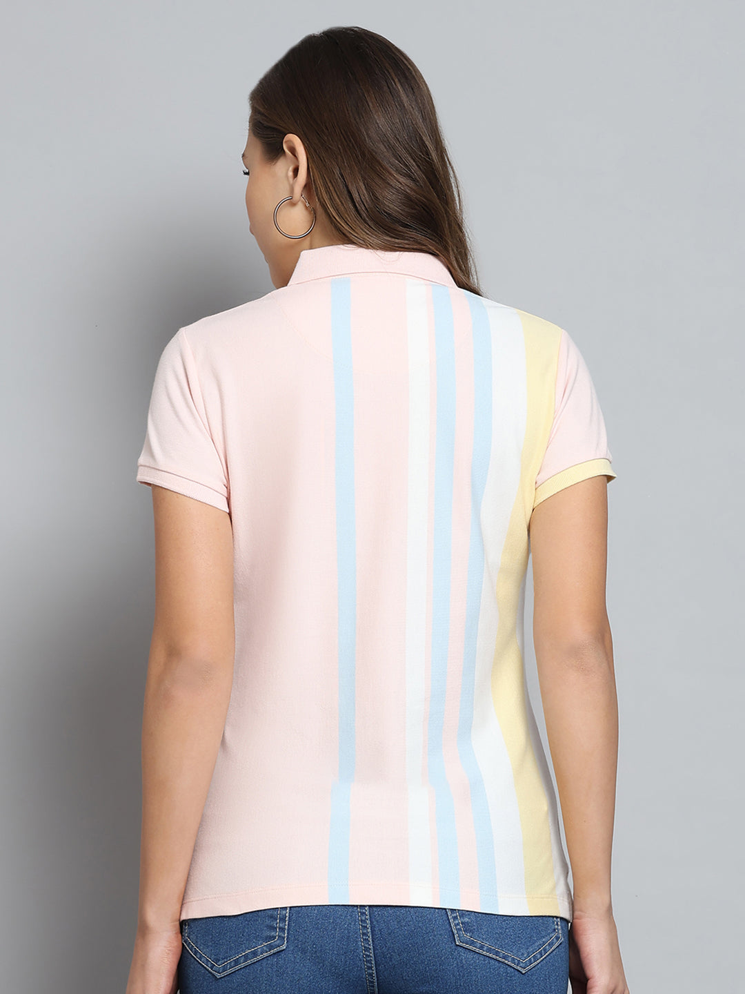 Women Peach Stripe Collar Half Sleeve T-Shirt