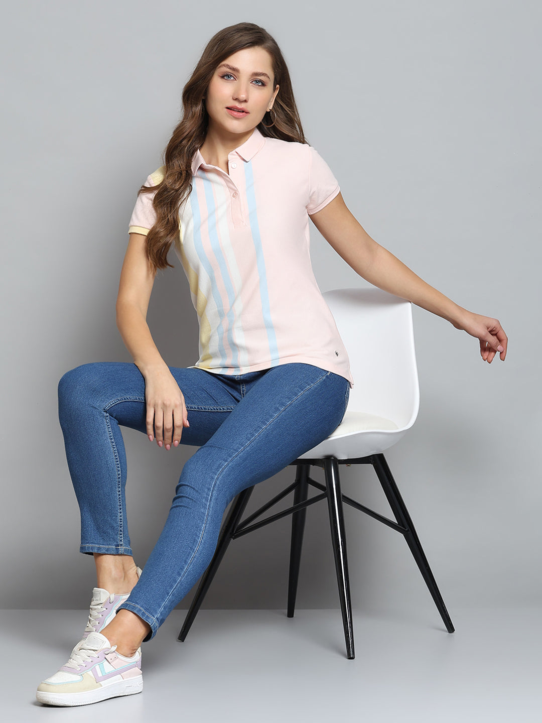 Women Peach Stripe Collar Half Sleeve T-Shirt