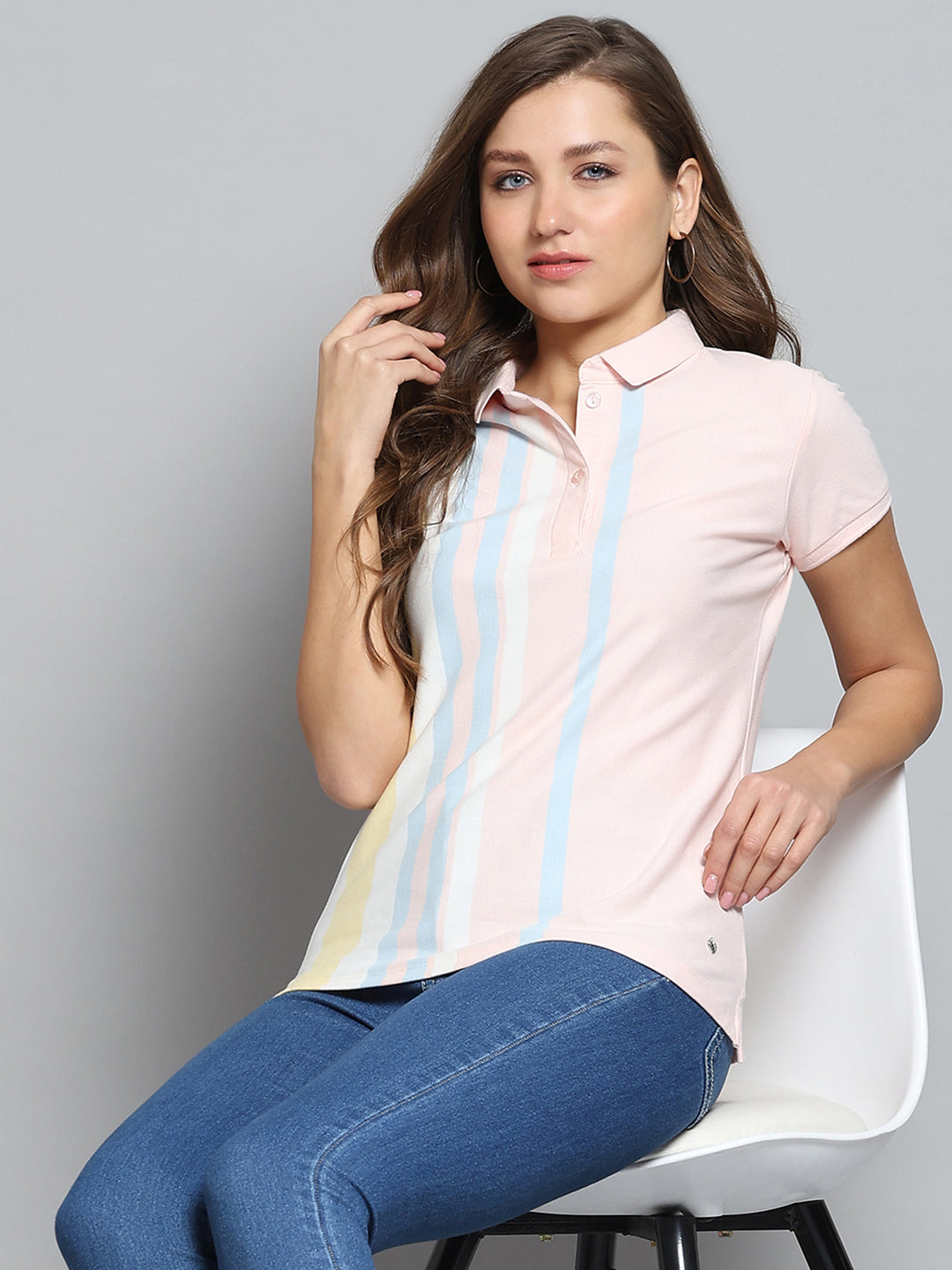 Women Peach Stripe Collar Half Sleeve T-Shirt