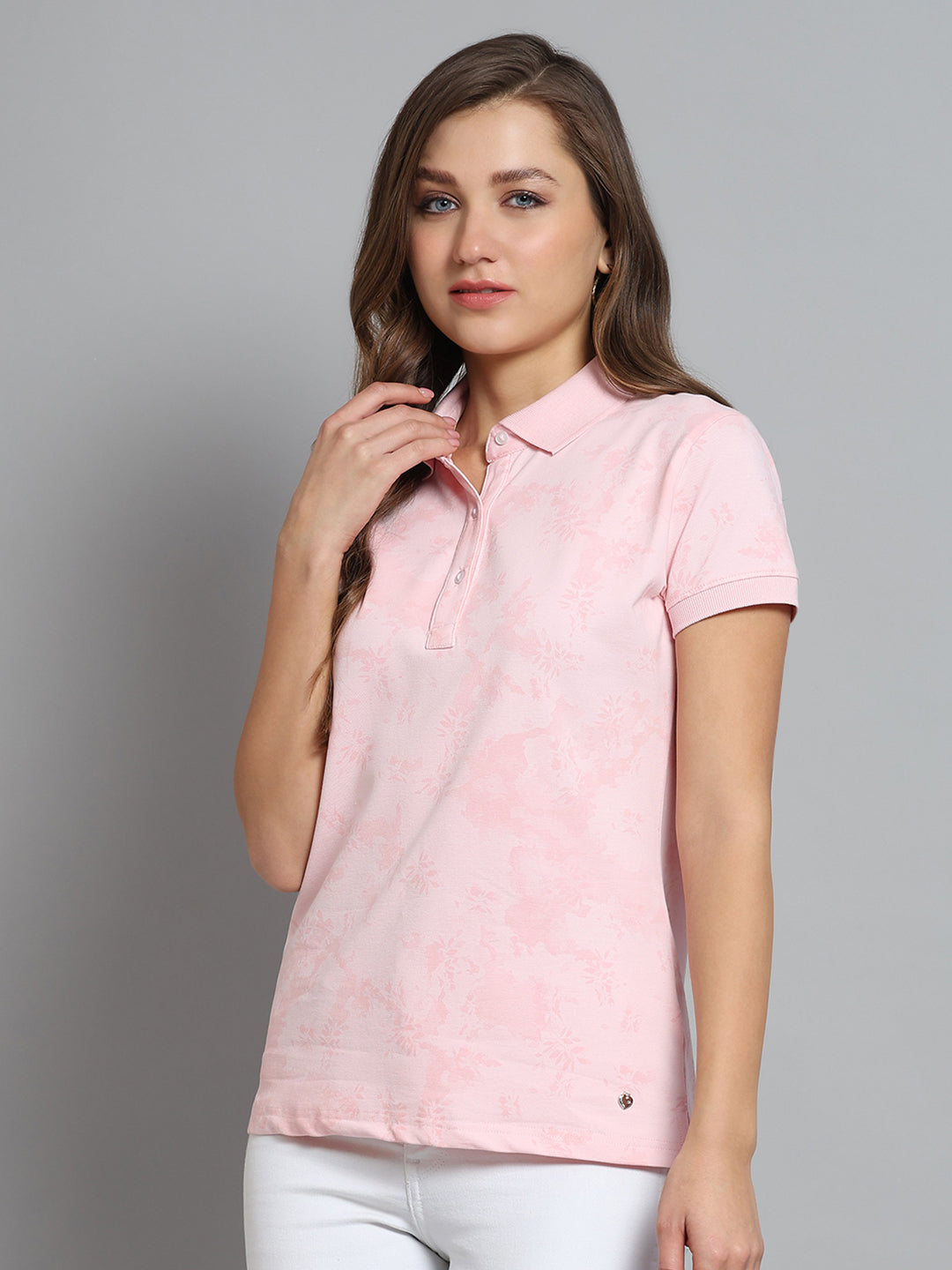 Women Pink Printed Collar Half Sleeve T-Shirt