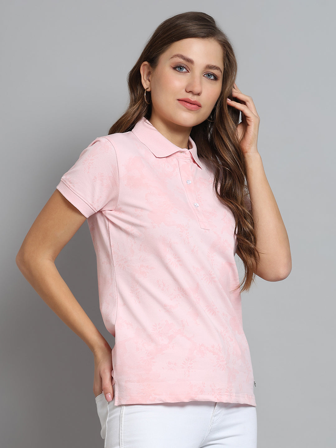 Women Pink Printed Collar Half Sleeve T-Shirt