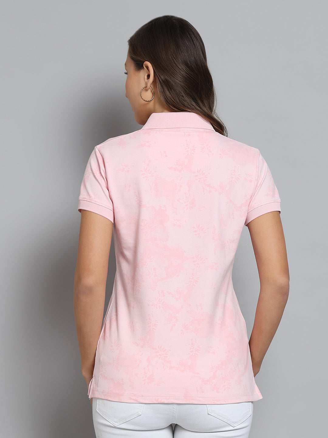 Women Pink Printed Collar Half Sleeve T-Shirt