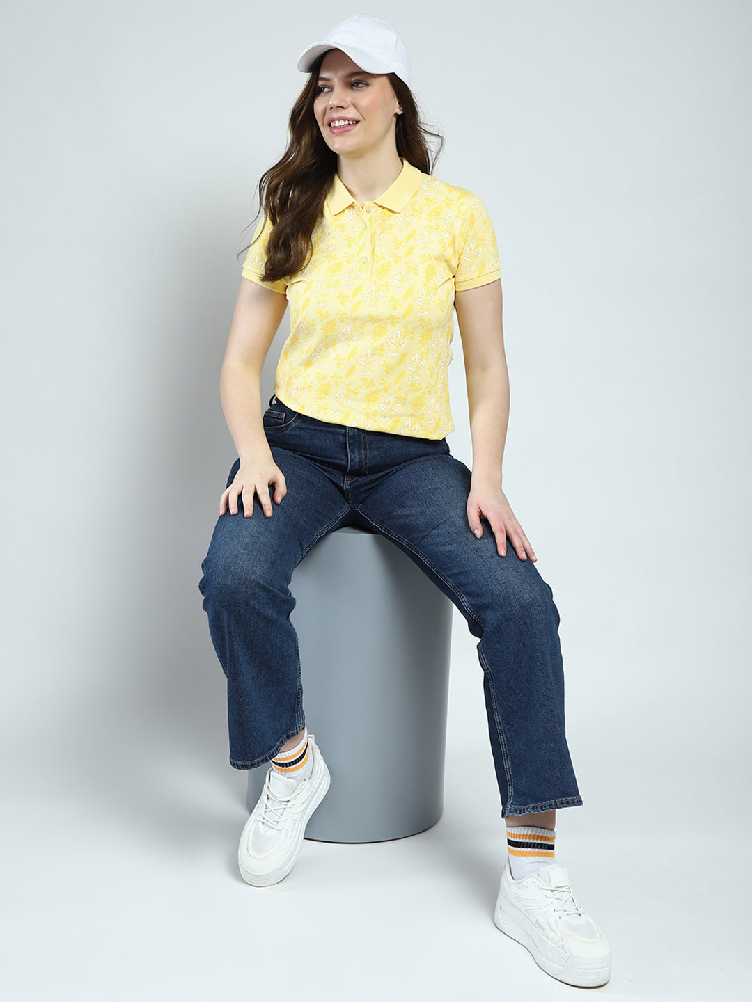 Women Yellow Printed Collar Half Sleeve T-Shirt