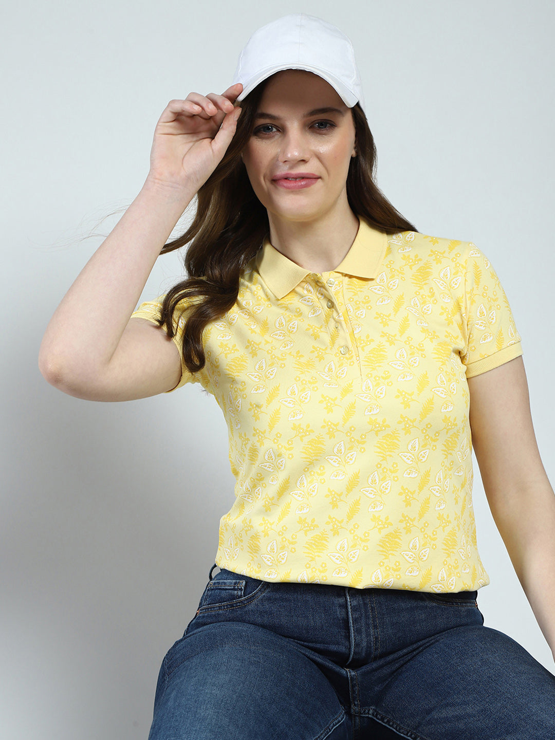 Women Yellow Printed Collar Half Sleeve T-Shirt