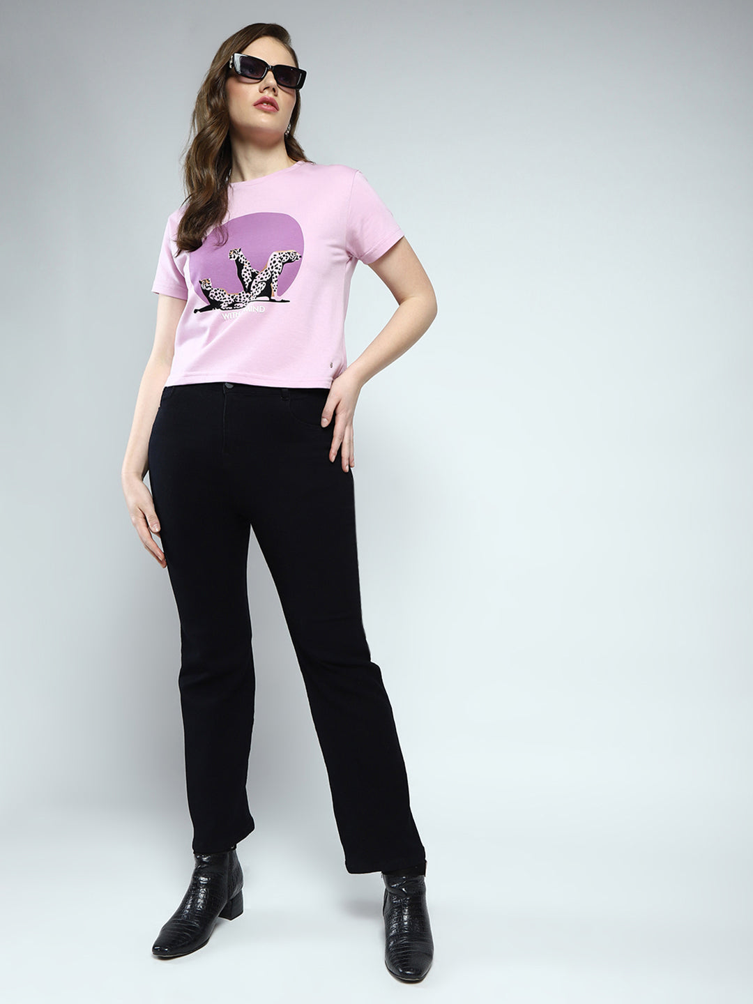 Women Purple Printed Round Neck Half Sleeve Top