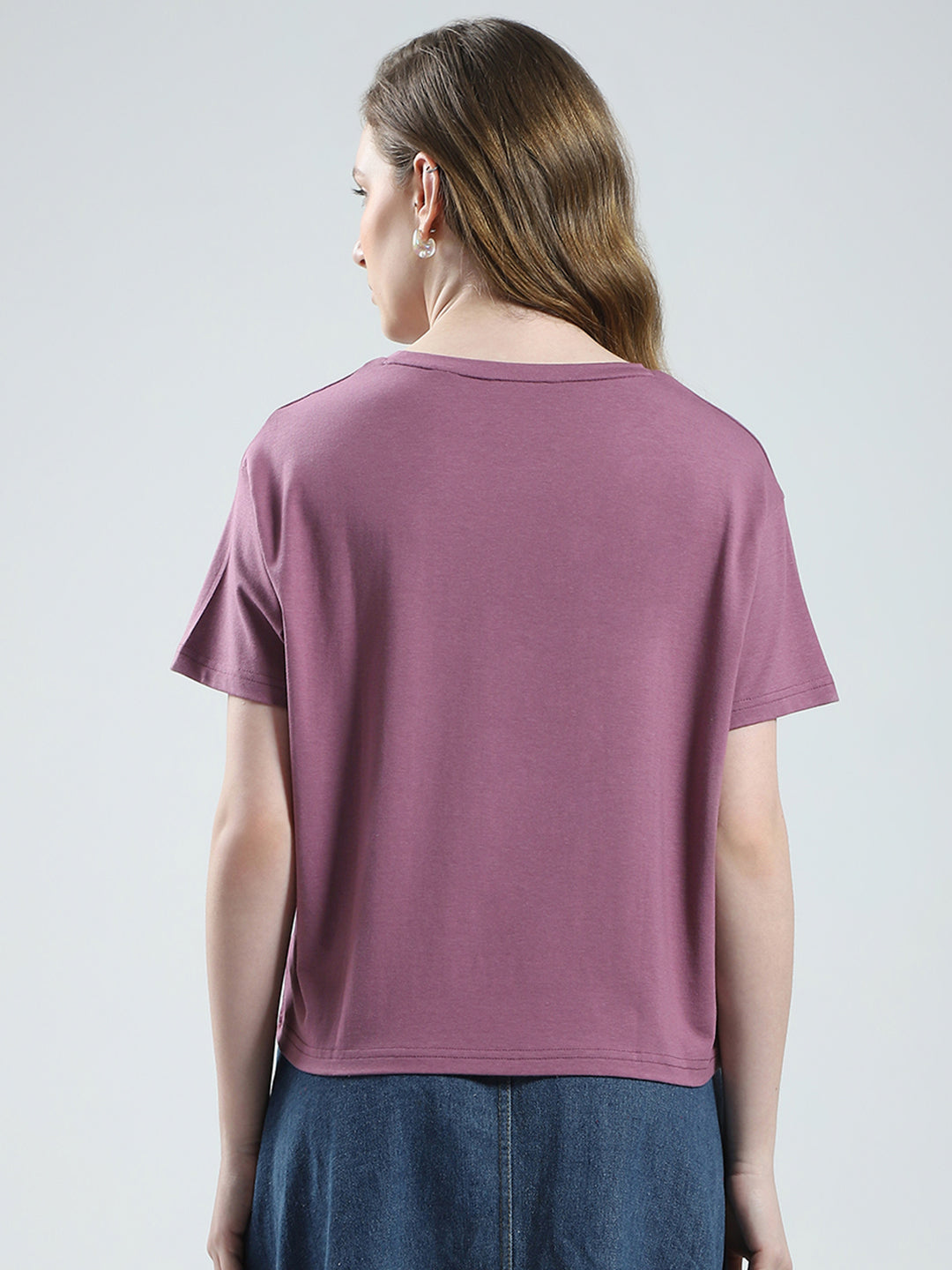 Women Mauve Solid Round Neck Half Sleeve Top