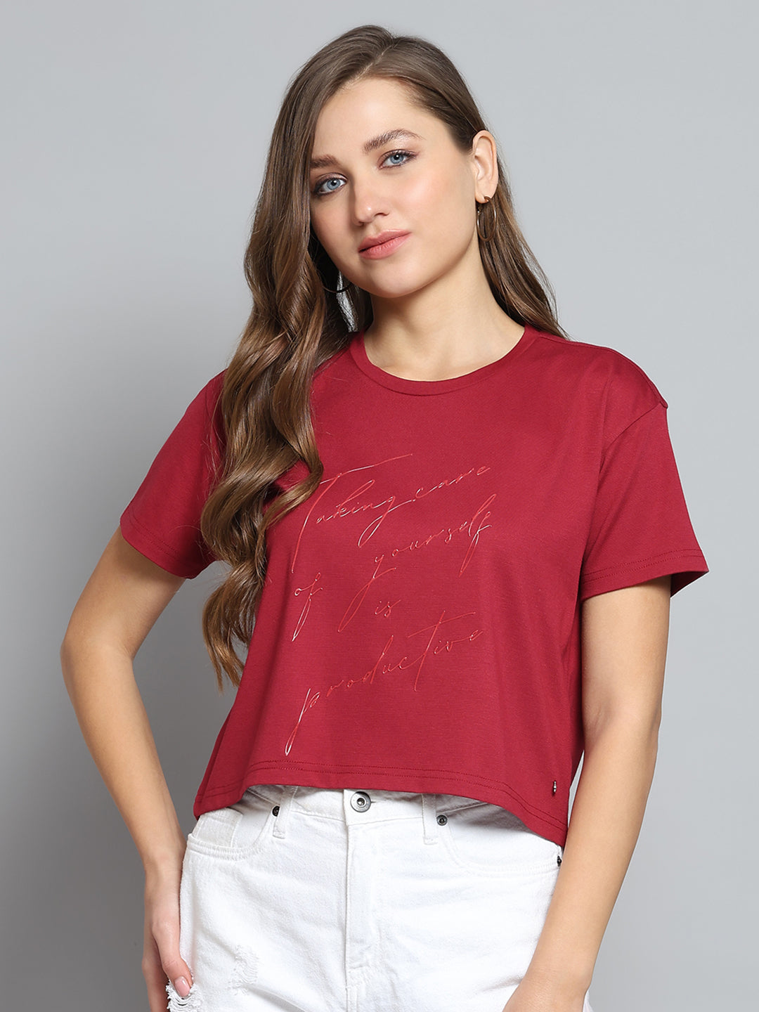 Women Maroon Printed Round Neck Half Sleeve Top