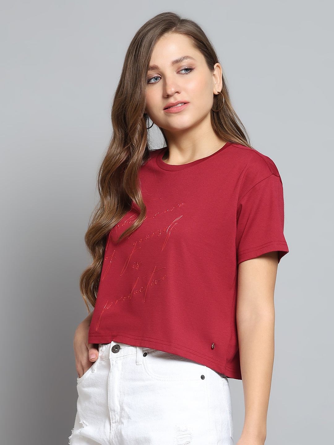 Women Maroon Printed Round Neck Half Sleeve Top