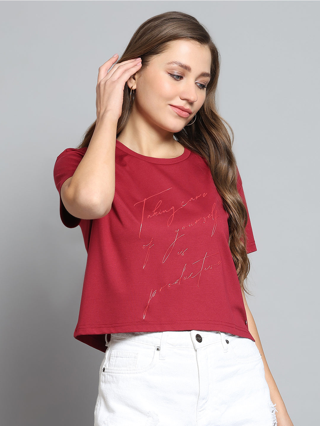 Women Maroon Printed Round Neck Half Sleeve Top