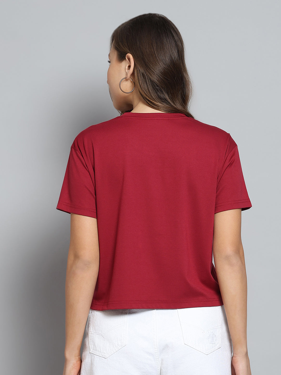 Women Maroon Printed Round Neck Half Sleeve Top