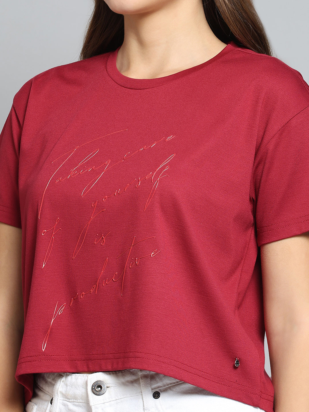 Women Maroon Printed Round Neck Half Sleeve Top