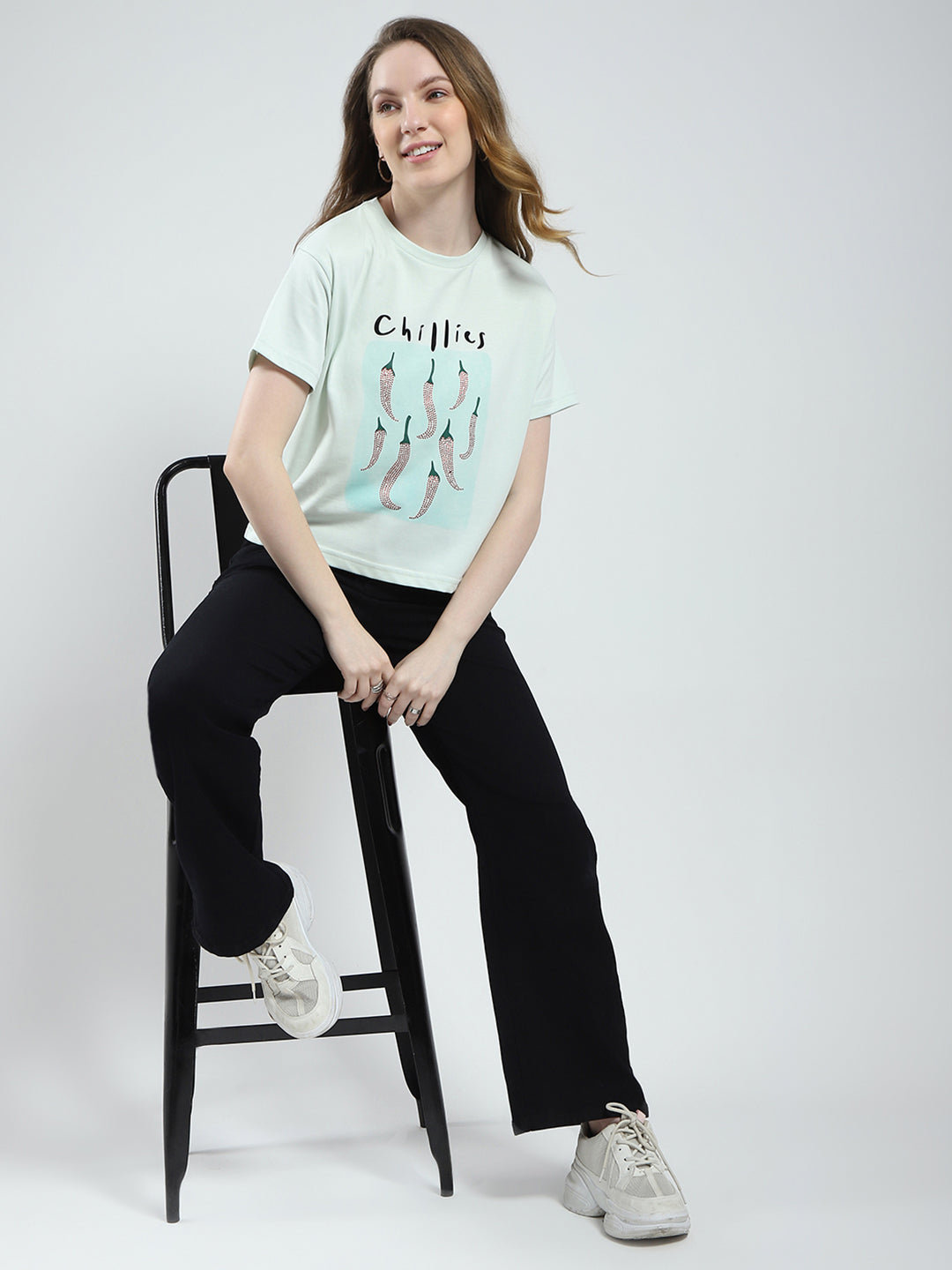 Women Green Printed Round Neck Half Sleeve Top