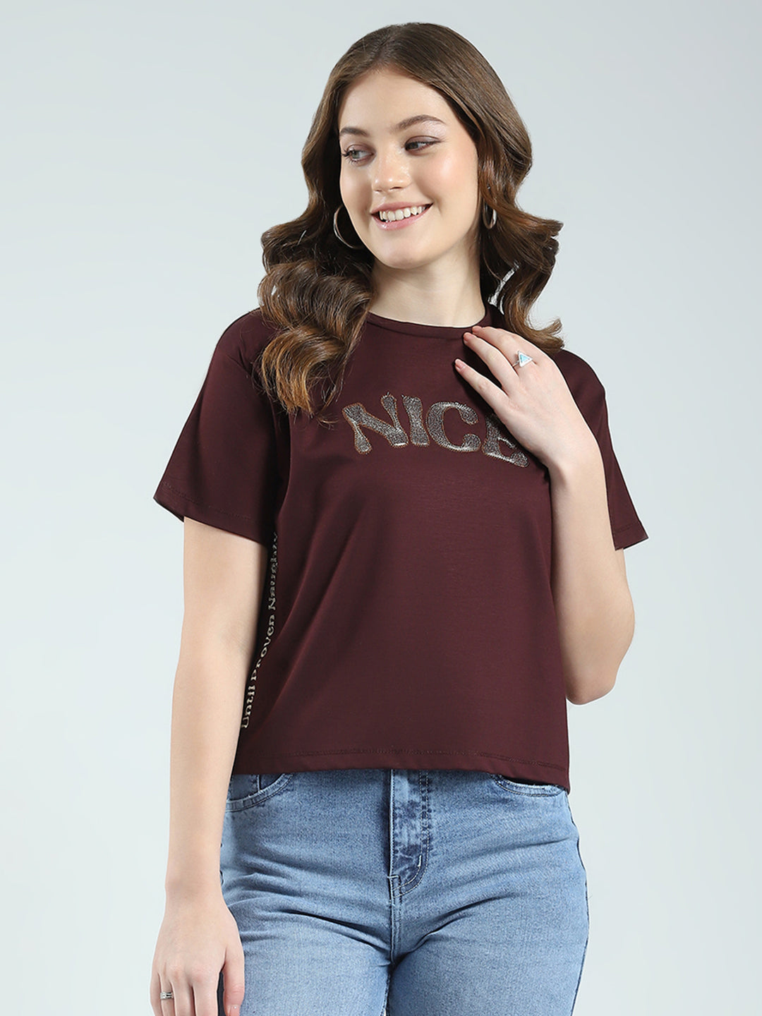 Women Burgundy Embroidered Round Neck Half Sleeve Top