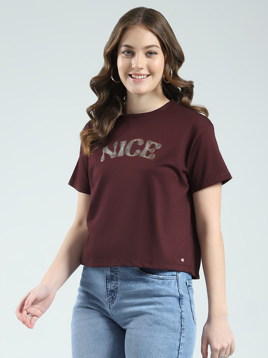 Women Burgundy Embroidered Round Neck Half Sleeve Top