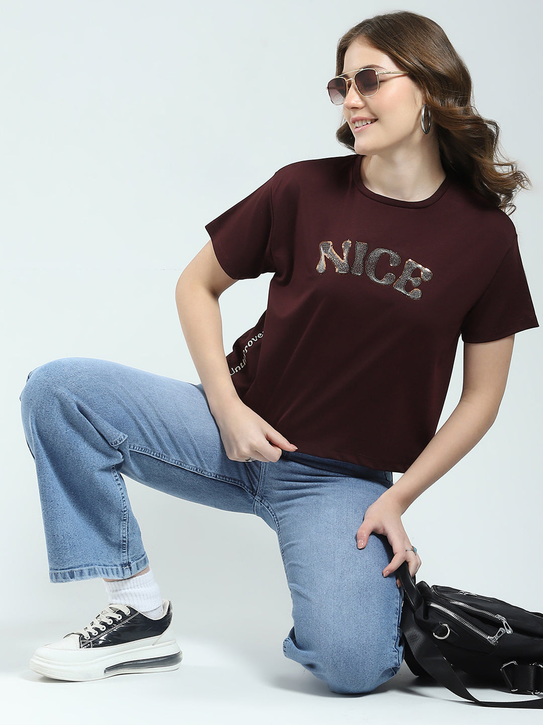 Women Burgundy Embroidered Round Neck Half Sleeve Top