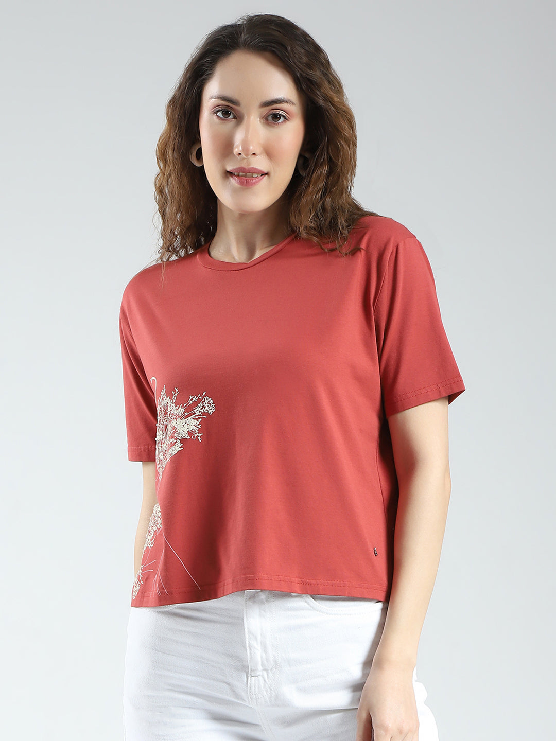 Women Rust Printed Round Neck Half Sleeve Top