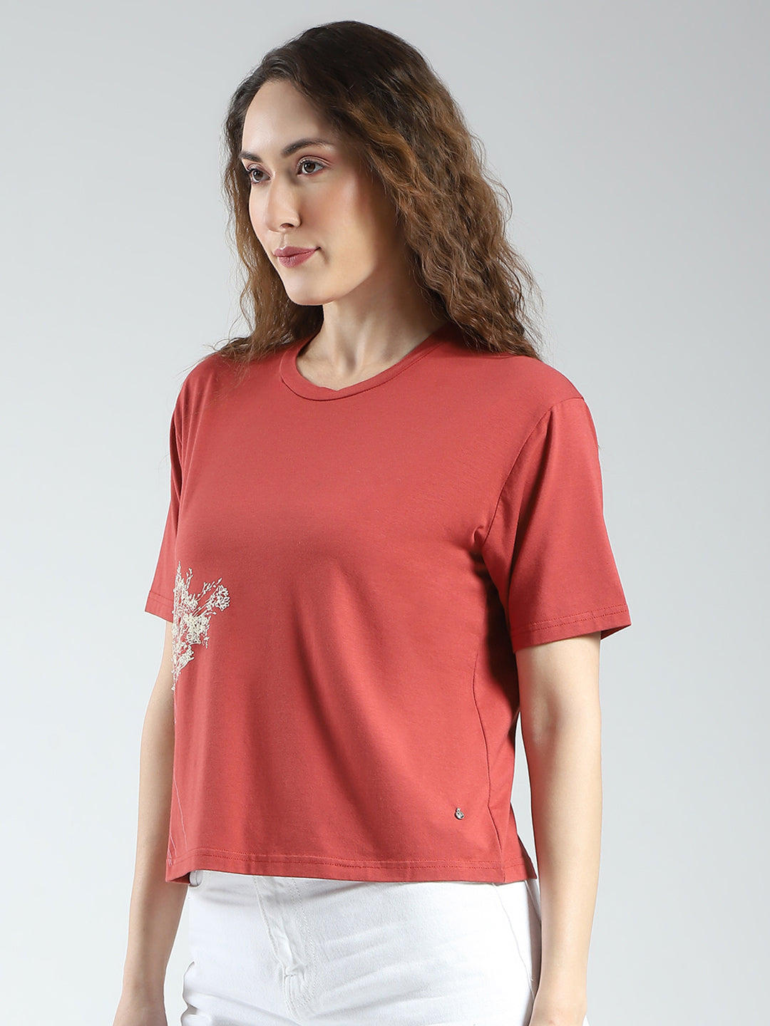 Women Rust Printed Round Neck Half Sleeve Top