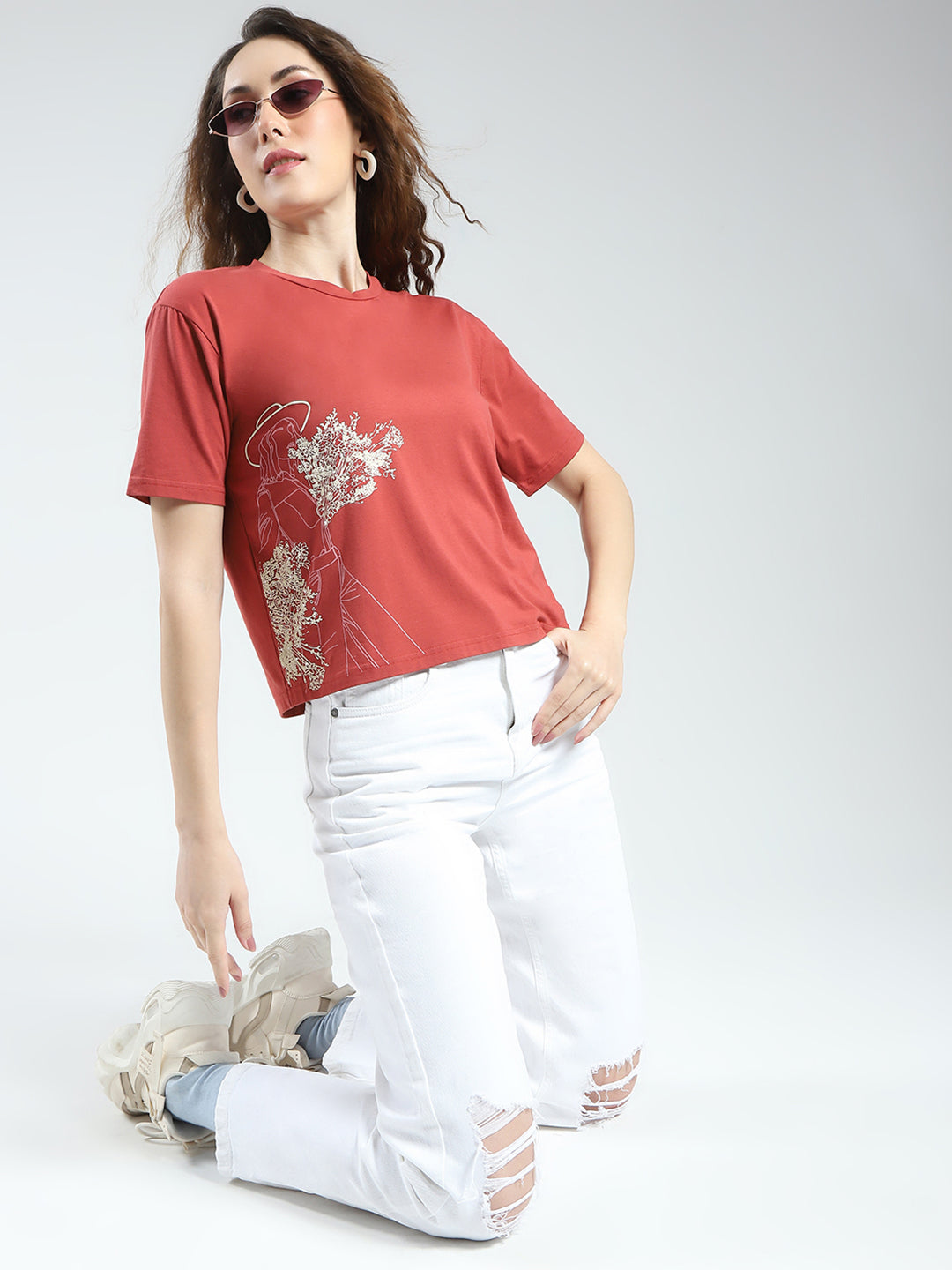 Women Rust Printed Round Neck Half Sleeve Top